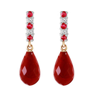 14K. GOLD DIAMOND & RUBY EARRINGS WITH DANGLING BRIOLETTE RUBIES (Yellow Gold)